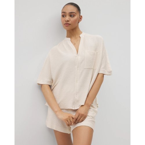 Crinkle Knit Relaxed Button-Up Top