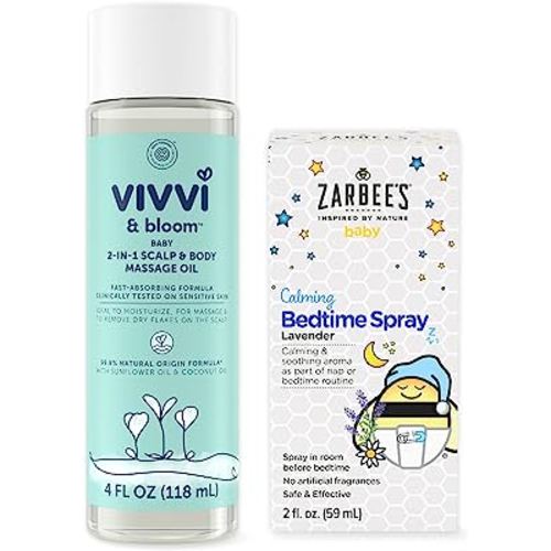Zarbee's Baby Sleep Spray; Calming Bedtime Spray with Natural Lavender and Chamomile; 2oz Bottle with Vivvi & Bloom Gentle 2-in-1 Baby Scalp & Body Massage Oil, Fast Absorbing Formula, 4 fl. Oz