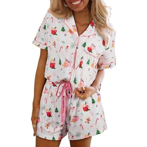 SELINK Womens Summer Pajamas Sets Short Sleeve Flower Print Button Down Sleepwear Loungewear 2 Piece Pj Set