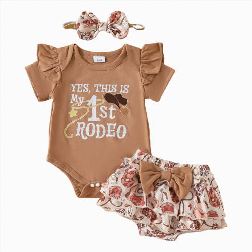 Linfrsh Newborn Baby Girl Clothes Daddys Girl Short Sleeve Romper Floral Shorts Headband Infant Summer Outfits(Brown,0-3 Months)