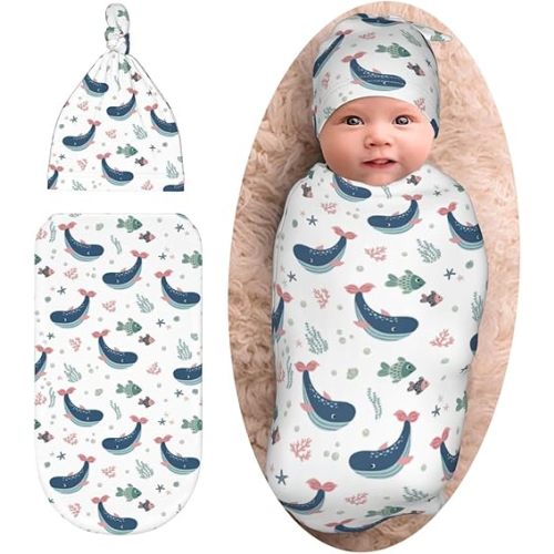 Cute Whale Baby Stuff Swaddle Blanket with Beanie Set, Fishes Ocean Receiving Blanket for Girls Boys