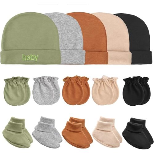 Newborn Baby Hats Mittens and Socks Set Cotton Infant Beanie Cap Socks Mittens for Newborn Baby Boy Girl 0-6 Month