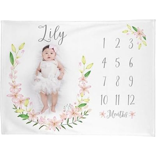 Personalized Baby Milestone Blanket, Lily Floral Girl Blanket, Soft Lily Flower Baby Photo Throw, Newborn Photography Prop First Year Keepsake
