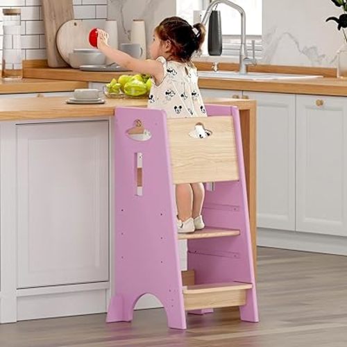 COSYLAND Toddler Standing Tower Adjustable Height - Super Stable Kids Kitchen Stool Helper with Protive Panel - 3 Levels Adjustable Wooden Toddler Kitchen Stool (Natural & Pink)