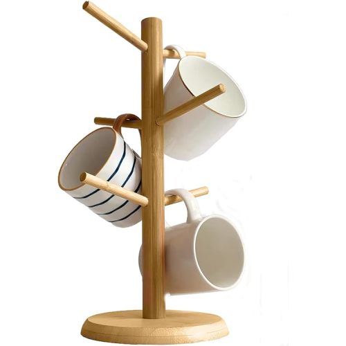 Dorhors Mug Tree,Coffee Cup Holder with 6 Hooks,Wood Mug Holder for Counter,Coffee Bar Accessories and Orgnizer station (Natural)