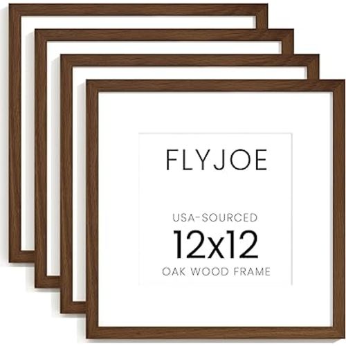 FLYJOE 12x12 Oak Wood Square Picture Frame with Mat for 8x8, 12 by 12 USA-Sourced Natural Solid Wooden Photo Frame for Wall, Shatterproof Plexiglass, Hanging Hardware Included, 4 Pack, Walnut Color