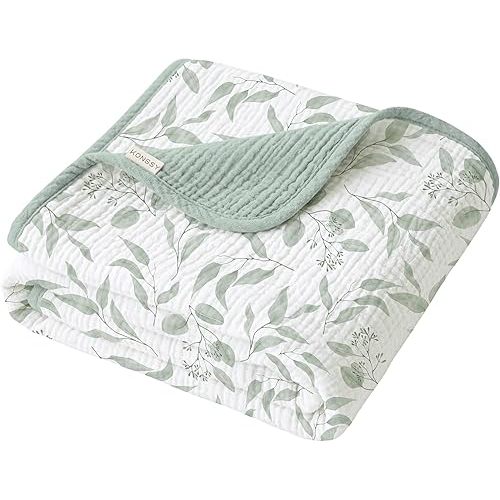 Konssy Muslin Baby Blankets for Girls Boys, 100% Cotton Crib Blanket for Infant Toddler, Super Soft and Lightweight Nursery Swaddling Wrap 40"x36" (Green Leaves)