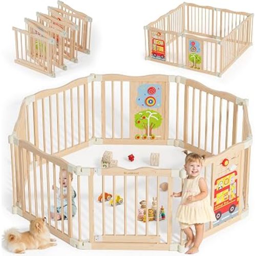 Foldable Wooden Playpen, 55 x 55 x 24 inches, Animal Bus, Natural