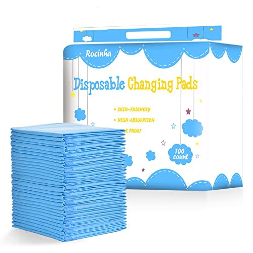 Rocinha 100 Pack Disposable Changing Pads Baby Disposable Underpads Waterproof Diaper Changing Pad Breathable Underpads Bed Table Protector Mat, 17 Inches x 13 Inches