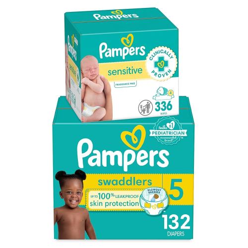 Pampers Swaddlers Disposable Baby Diapers Size 5, 132 Count with Sensitive Water Based Baby Wipes 4X Pop-Top Packs (336 Count)