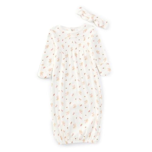 Starting Out Baby Girls Long Sleeve Fold-Over Cuffs Ballet Print Knotted Gown & Hat Set