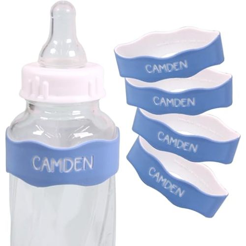 InchBug Orbit Labels - Baby Bottle Name Labels for Daycare, Sippy Cup Bands - Engraved Silicone, Reusable, Dishwasher Safe, White Contrasting Personalization, 4-Pack (Lullaby Blue)