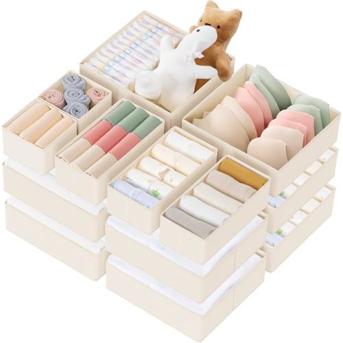 Drawer Organizer Clothes, 21 Pack Dresser Organizer for Baby Clothes, Underwear, Sock - Foldable Closet Organization and Storage Dividers Bins for Nursery, Bedroom (Beige)