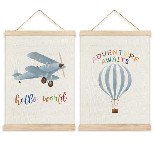 RYYCDOI Hot Air Balloon Airplane Nursery Decor, Baby Boy Nursery Wall Decor, Airplane Hot Air Balloon Decor for Boys Room Nursery Toddler Playroom Hanging Sign, 12x16 Inch Set of 2