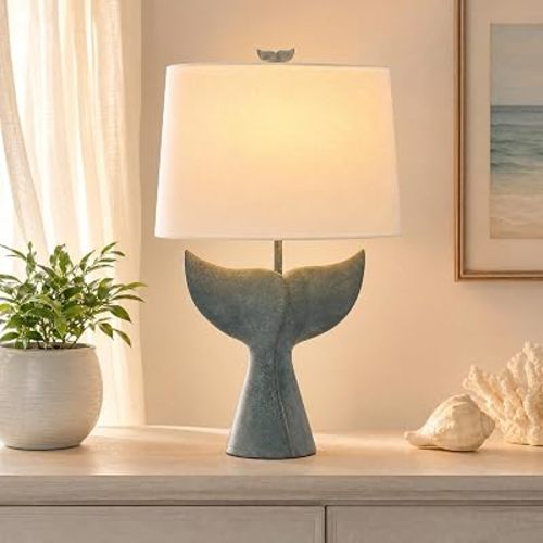 23" Coastal Whale Tail Table Lamp, White Linen Hardback Tapered Oval Shade