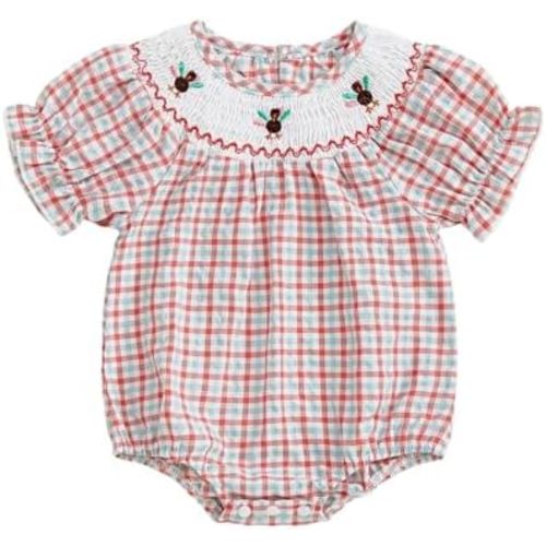 Newborn Baby Girl Smocked Thanksgiving Outfit Infant Plaid Bubble Romper Embroidery Turkey Fall Clothes