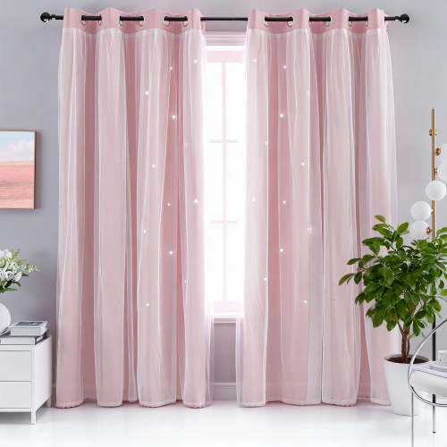 CshidWorld Blackout Curtains for Girls Kids Bedroom, Colorful Double Layer Star Cut Out Curtains for Girls Room Nursery Home Decor, 52''x 84'', 2 Panels