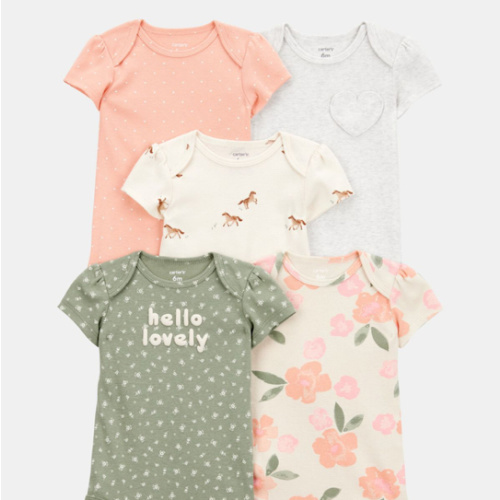 Baby Girl 5-Pack Floral Horses Short-Sleeve Cotton Bodysuits - Pink/Green | Carter's