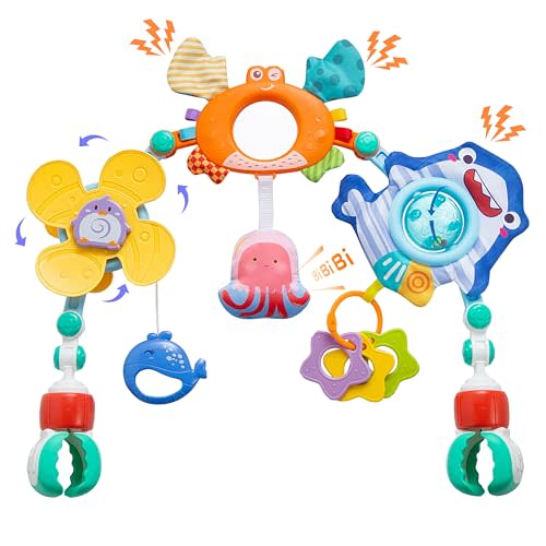 Baby Stroller Arch Toy, Car Seat Toys, Adjustable Arch Stroller toy with Hanging Sensory Activity toys,fits on Baby Bouncer, Bassinet, Stroller, Crib and Car Seats for baby infant Boy Girl 0-18 Months