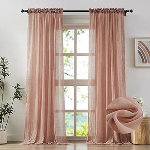 Elegant Blush Pink Sheer Curtains 72 Inches Long for Bedroom, Cotton Linen Textured Light Filtering Semi Sheer Drapes Rod Pocket Natural Voile Curtains Living Room, W52 x L72 in, 2 Panels
