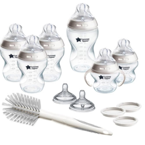 Tommee Tippee Natural Start 12 Piece BPA Free Bottle Set, Includes 2 x 5 oz, 3 x 9 oz, 1 x 11 oz Bottles, Newborn 0+ Months, Slow, Medium & Thicker Flow Breast-Like Nipples, Cleaning Brush, Clear