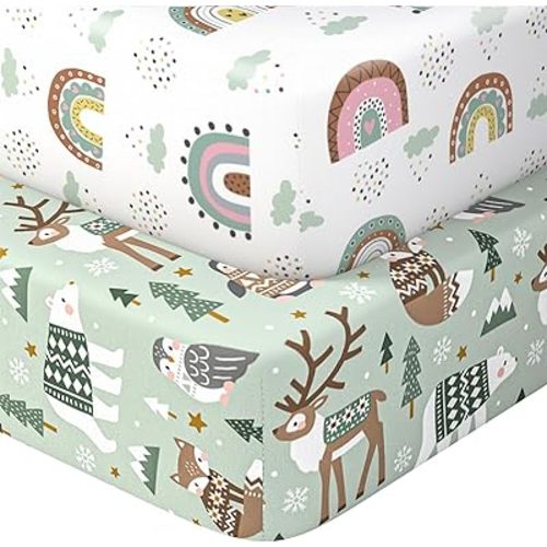 Baby Crib Sheets 2 Pack for Boys and Girls Fit for Standard Crib Toddler Mattress Breathable Soft Microfiber Baby Sheet 28x52x8in(Polar Bear & Green Rainbow)