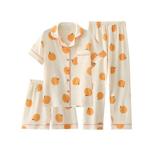 codcm Womens 3pcs Cotton Pajamas Set Short Sleeve Sleepwear Fruit Print Cute Pj Set with Long Pants