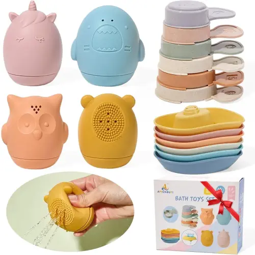 Baby Bath Toys 16 Pack Easy-Clean & Squeezable Silicone Bath Toys for Babies 6-12 Months Mold Free Bath Toys Toddlers 2-4 Bathtub Water Pool Toys