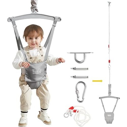 FUNLIO Baby Jumper with a Ceiling Hook for 6-24 Months, Baby Door Jumper for Indoor/Outdoor Play, Infant Jumper Doorway with Adjustable Chain, Easy to Assemble & Store (with a Ceiling Hook)- Grey