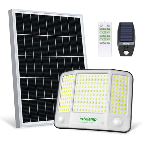 intelamp Solar Flood Lights Outdoor Waterproof, 20000mAh 4000LM Linkable | Dual Motion Sensor Security Floodlight Exterior with Remote 16.4 FT Cable, 2-12H Dusk to Dawn Spots Lighting Outside