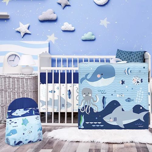 Rtteri 4 Pieces Baby Crib Bedding Set, Nursery Bedding Standard Size Soft Baby Bedding Set Including Crib Skirt, Blanket, Sheet and Diaper Stacker for Girls and Boys(Whale)