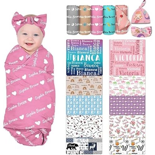 Personalized Swaddle Blanket Set With Hat and Bow Headband - Custom Newborn Receiving Blankets - Baby Girl Boy Gifts With Name & Icon