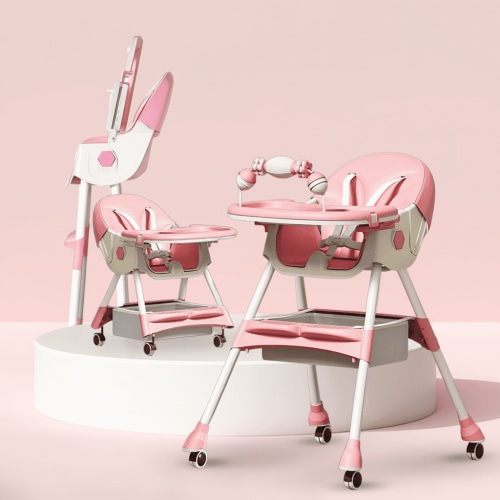 XunKA 4-in-1 Baby High Chair, Portable Fortable Toddler Dining Chair Eat & Play with Double-Layer Dinner Plate and Toy Rack for 6-36 Month, Pink.