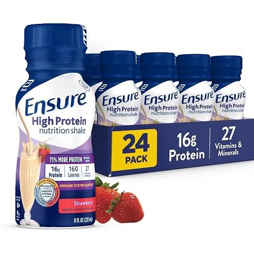 Ensure High Protein Strawberry Nutrition Shake, Ready to Drink, 16g Protein and 27 Vitamins and Minerals, 8 fl oz, 24 Pack