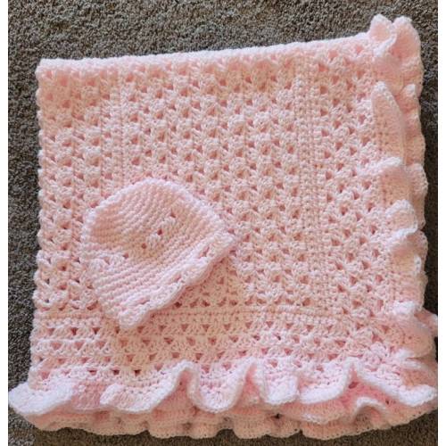 Handmade Crochet Baby Blanket with ruffle - Pink