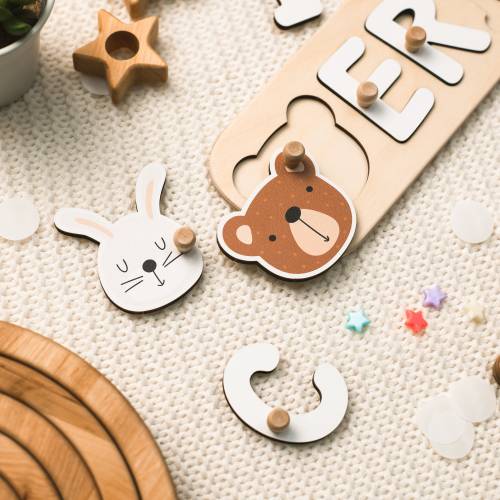 Custom Gift for Kids, Baby, Personalized Name Puzzle With Animals, Montessori Toys, Woodland Name Puzzle