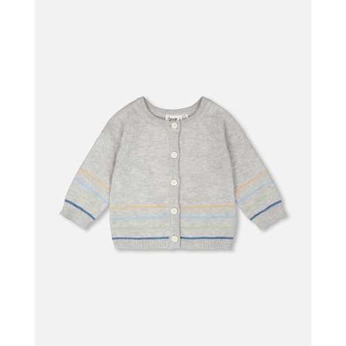 Cotton Knit Striped Button Front Cardigan Light Heather Grey