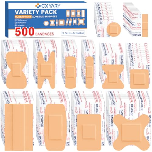 500 Counts Assorted Bandages Bulk Variety Pack,12 Styles Waterproof PE | Flexible PE Heavy Duty Waterproof Bandages Individually Wrapped Used for Emergency Treatment and Skin Wound Care, Latex Free