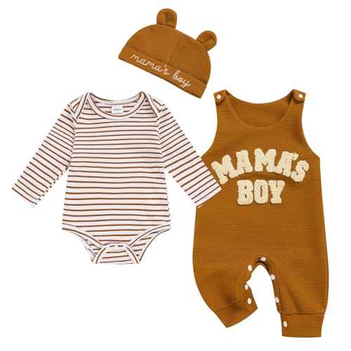 Viworld Newborn Baby Boy Clothes Mama's Boy Overalls Striped Long Sleeve Romper Hat 3Pcs Fall Winter Outfits