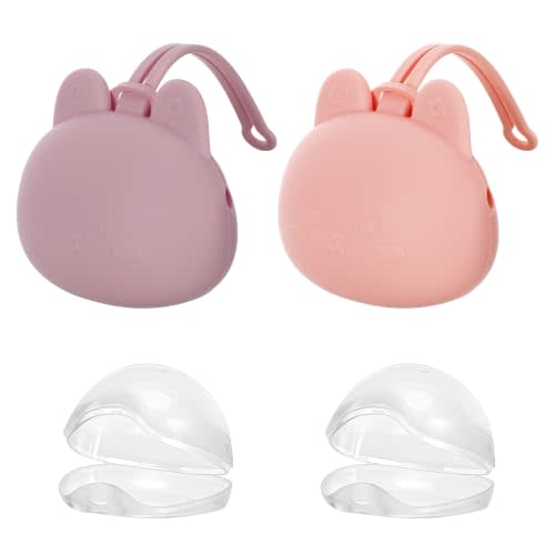 4 Pcs Pacifier Holder Case Set 2 Cover Pouch and 2 Clear Storage Box | Portable Silicone Cover Pouch with Soft Strap & Plastic Container for Diaper Bag Stroller Travel Accessories (Pink, Purple)