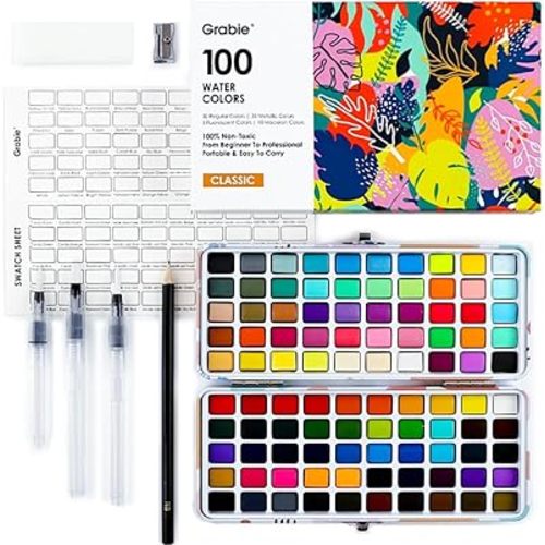 Grabie Watercolor Paint Set, Watercolor Paints, 100 Colors, Painting Set with Water Brush Pens and Drawing Pencil, Great for Kids and Adults, Art Supplies, Perfect Starter Kit for Watercolor Painting