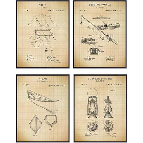 Summer Camping Patent Art Prints - Vintage Wall Art Poster Set - Chic Rustic Farmhouse Home Decor for Adirondack or Lake House, Gift for Campers, Backpackers, Nature Lovers - 8x10 Photo - Unframed