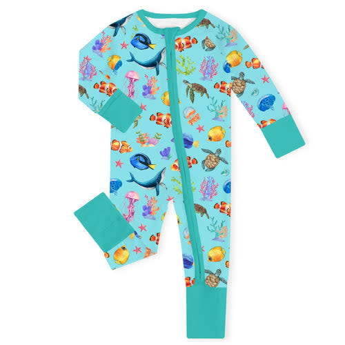 Ocean Sea Life Shark and Turtle Green Bamboo Zipper Romper Pajamas – FancyPrince