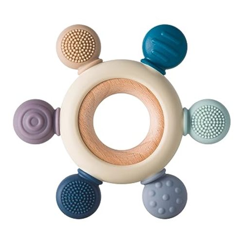 Arudyo Baby Teething Toys Silicone Teethers BPA Free Silicone Rudder with Wooden Ring Soothe Babies Gums (Gray)