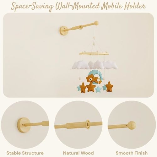 Baby Mobile Arm Wall Mount, Beech Wood Mobile Holder for Crib, No-Drill Adhesive or Screws, Minimalist Nursery Decor