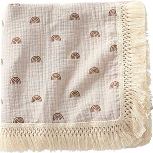 Cotton Baby Muslin Tassles 40"x 47", Baby Receiving Blanket with Fringe, Boho Muslin Swaddle Blanket with Fringe- Earth Rainbow…