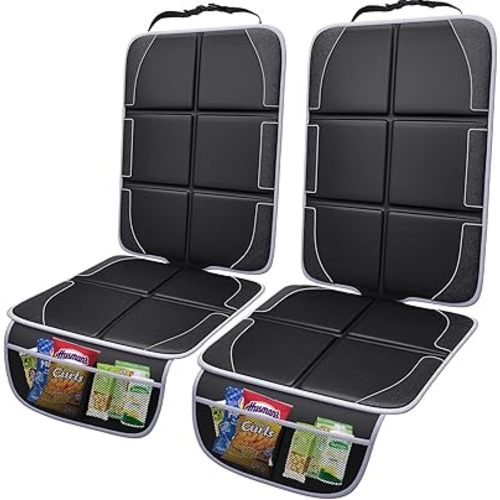Gimars Car Seat Protector, 2 Pack, XL Thicken EPE Cushion Waterproof 600D Fabric Car Seat Cover for Child Car Seat with Nonslip Backing Mesh Pockets for Baby SUV Sedan Truck Leather Seats, Black-Gray