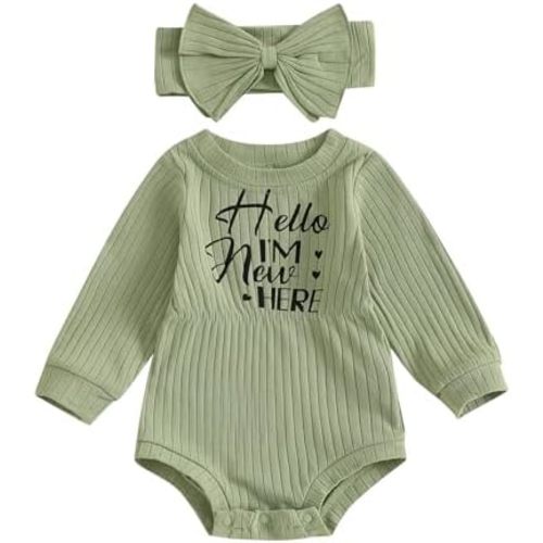 Karwuiio Newborn Baby Girl Fall Outfits Long Sleeve Ribbed Knit Jumpsuit Romper with Headband Infant Clothes Sets