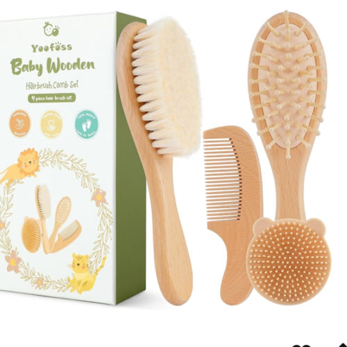 Yoofoss 4 Piece Baby Brush and Comb Set, Wooden Baby Brush with Natural Ultra Soft Goat Hair, Baby Hair Brush for Newborn, Baby Brush Set for Boy Girl