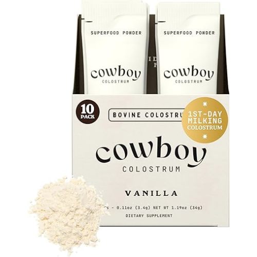 Cowboy - The Exclusive 1st Milking, Whole, Grass Fed Colostrum Supplement for Full Body Health - Bovine Colostrum Powder Packed w/Bioactive Nutrients (10 Travel Packs - Vanilla)